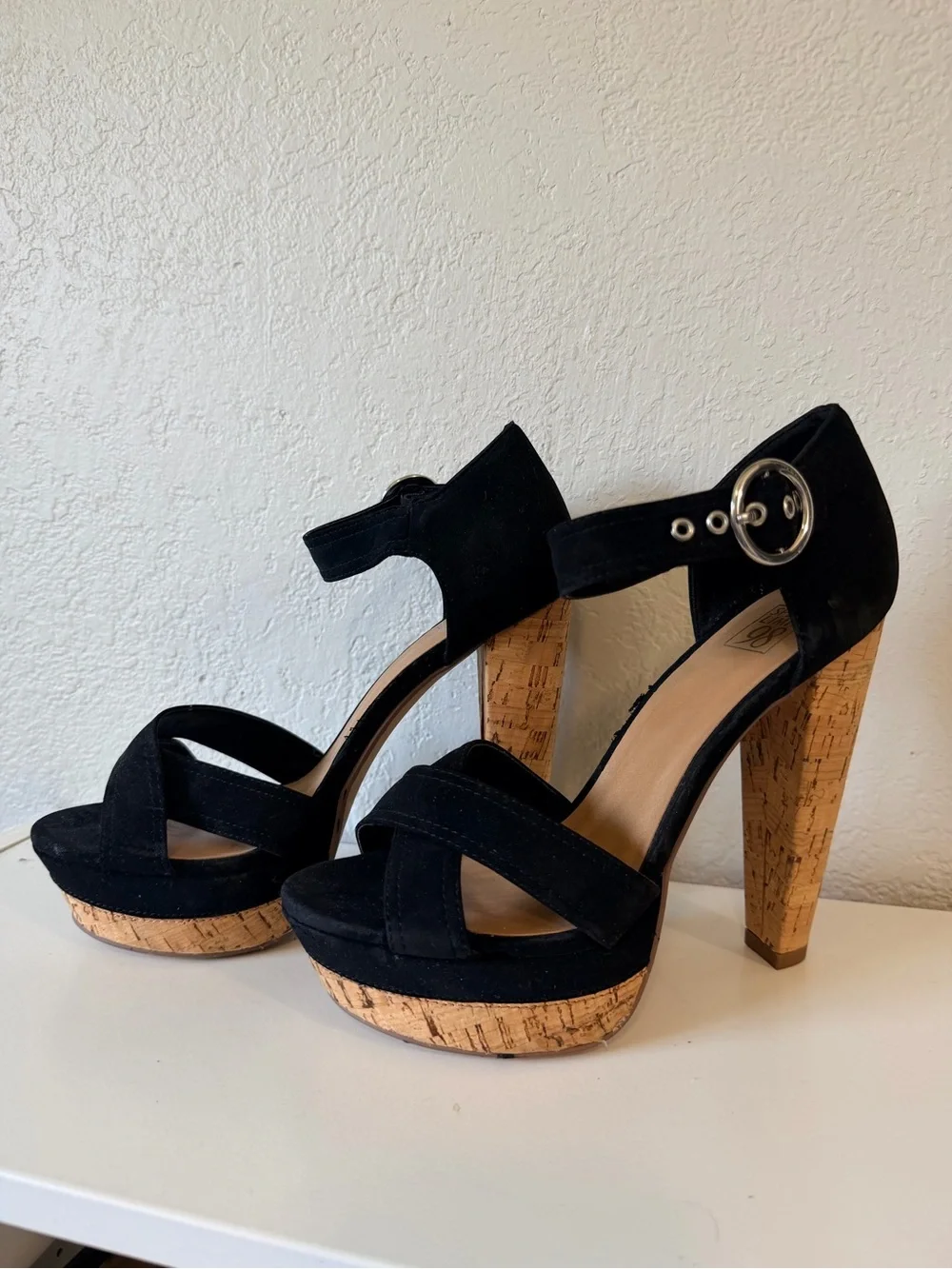 Black Cork Platform Ankle-Strap Heels